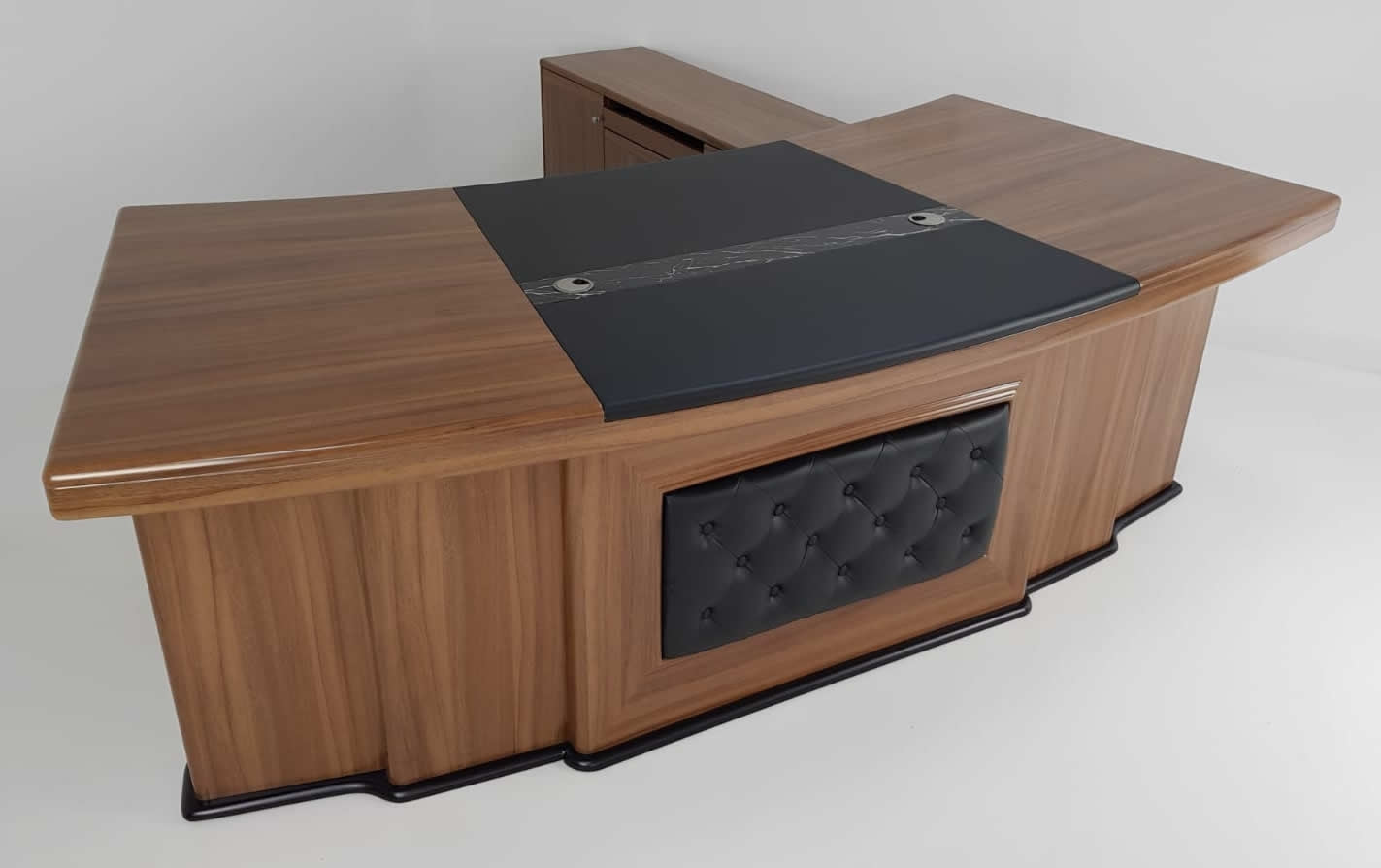 Large Light Oak Executive Desk With Black Leather Chesterfield Backpanel - With Return and Pedestal - 2400mm - 3211 Near Me