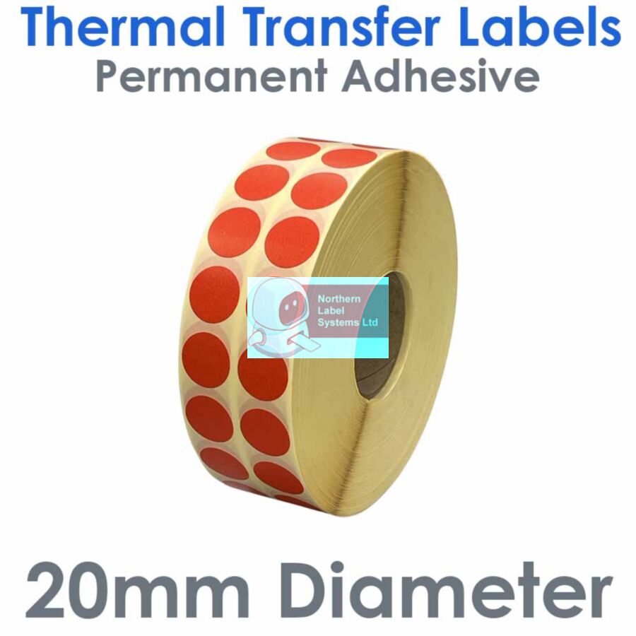 020DIATTNPR2-10000, 20mm Diameter Circle 2 Across, RED, Thermal Transfer Labels, Permanent Adhesive, 10,000 per roll, FOR LARGER LABEL PRINTERS