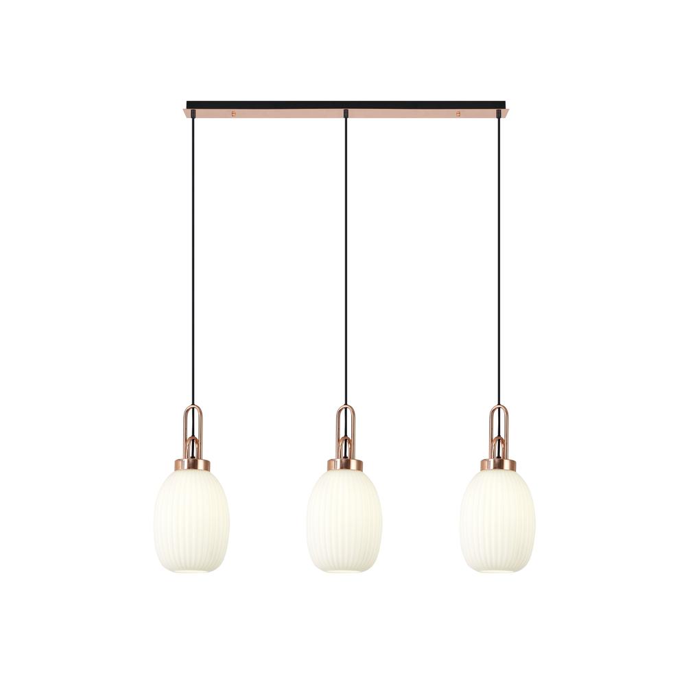 Luxuria Kennith Linear 3 Light Pendant E27 With 20cm Almond Ribbed Glass Opal Copper/Matt Black