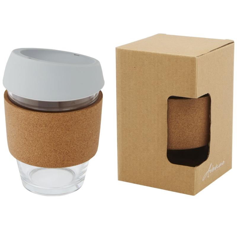 Lidan 360 ml borosilicate glass tumbler with cork grip and silicone lid