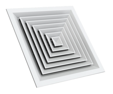 Kvadra-225 supply and exhaust diffuser for ceiling installation (225mm square duct connection, 370mm square overall)