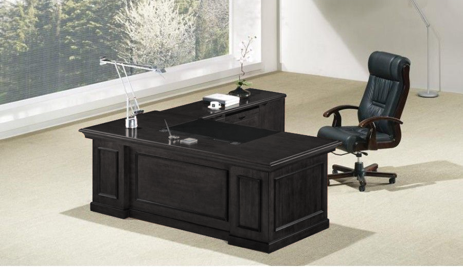 Stunning Black Ash Real Wood Veneer Executive Office Desk With Pedestal & Return - 1600mm - L3F-UG163 UK