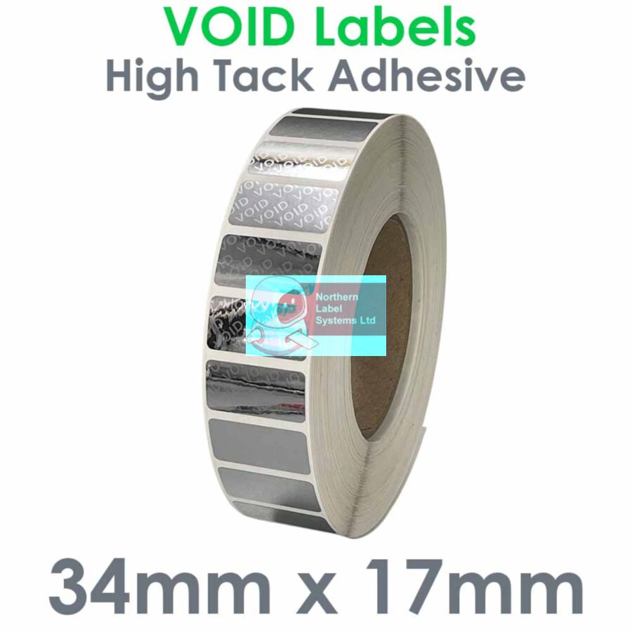 034017VDNPS1-5000, 34mm x 17mm Bright Silver VOID Label, Permanent Adhesive, FOR LARGER LABEL PRINTERS