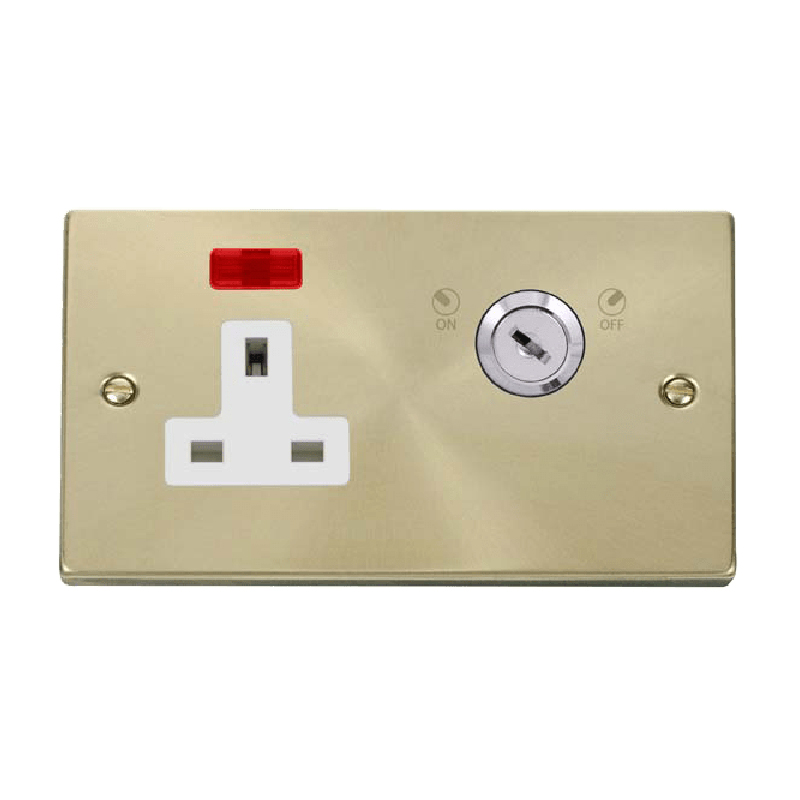 Click Deco 13A 1 Gang DP Key Lockable Socket With Neon Satin Brass Insert White