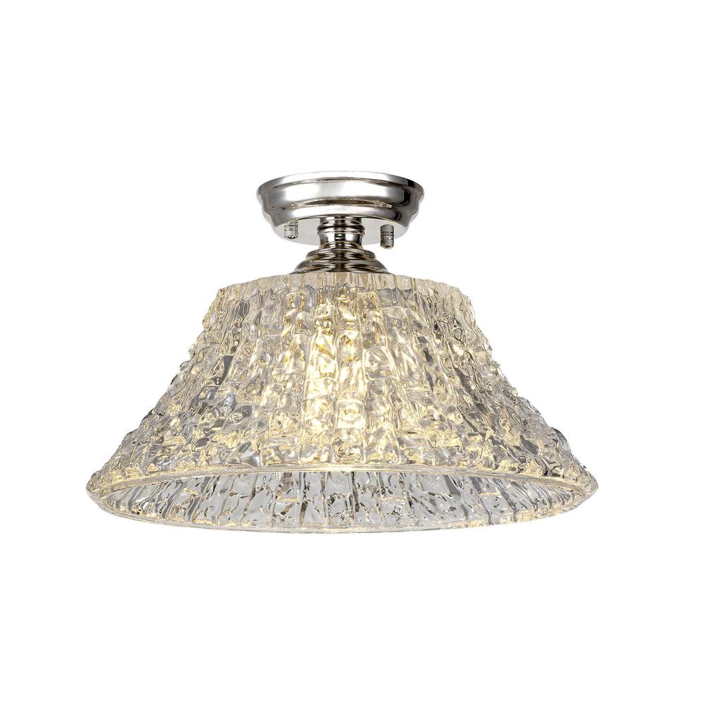 Luxuria Sirius Flush Ceiling Light E27 With Round 38cm Patterned Glass Shade Polished Nickel/Clear