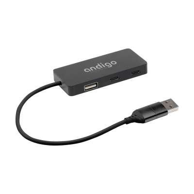 TECCO GRS RECYCLED ALUMINIUM METAL USB HUB in Black.