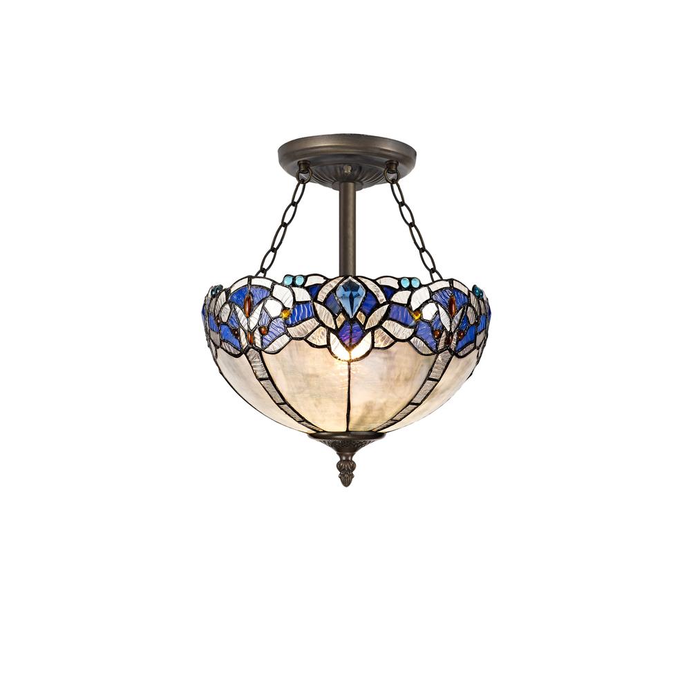 Luxuria Axis 3 Light Semi Flush E27 With 30cm Tiffany Shade Blue/Clear Crystal/Aged Antique Brass