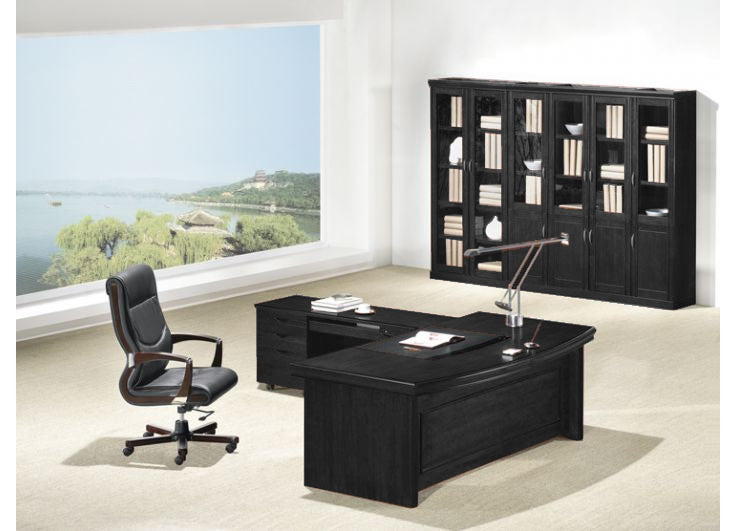 Stunning Black Ash Real Wood Veneer Executive Curved Office Desk With Pedestal & Return - 2000mm - L3F-U37202 UK