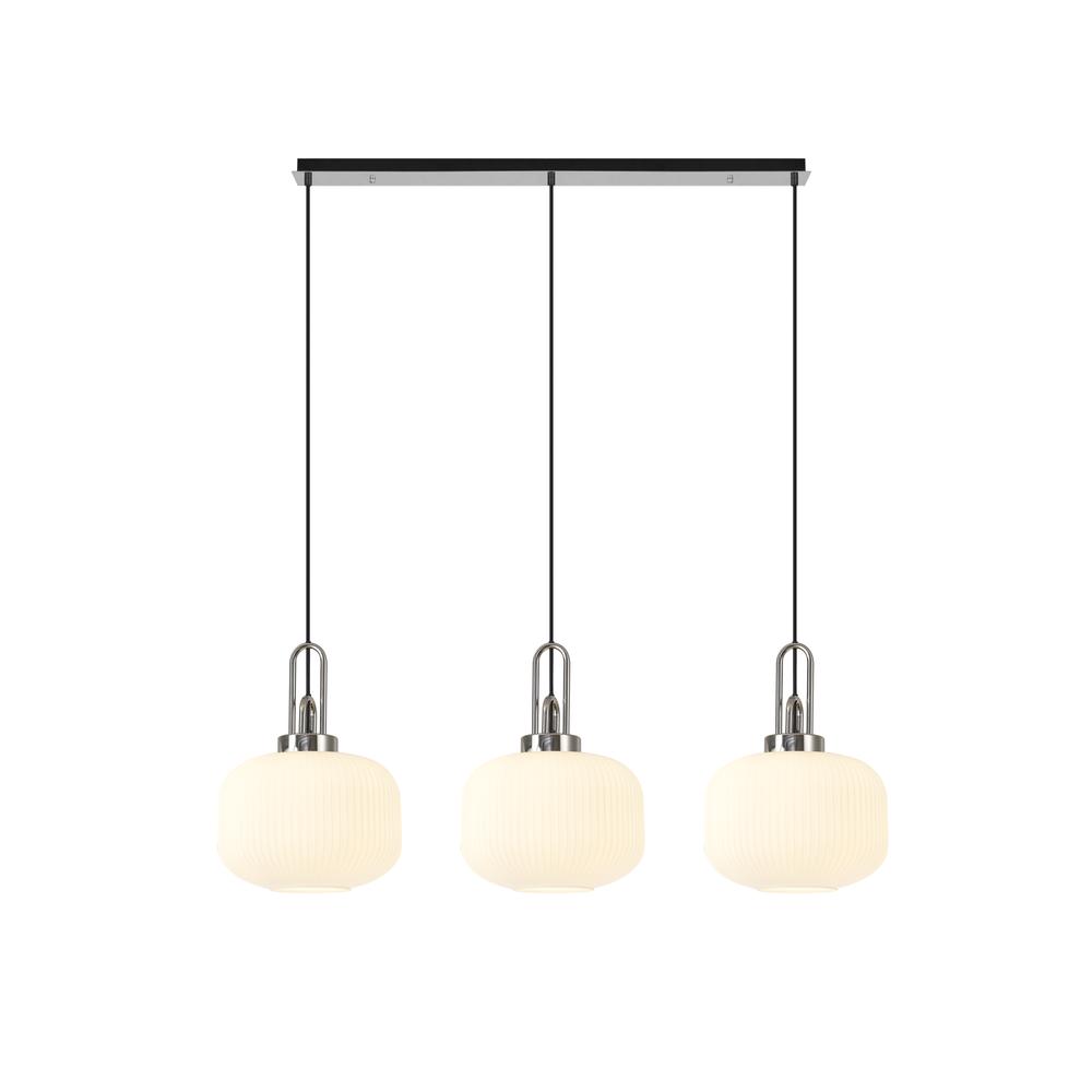 Luxuria Kennith Linear 3 Light Pendant E27 Polished Nickel/Matt Black With 30cm Pumpkin Shaped Ribbed Opal Glass