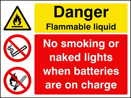 Flammable liquid no smoking/naked lights batteries on charge
