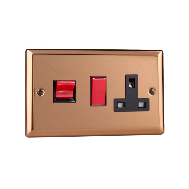 Varilight Urban 45A Cooker Panel with 13A DP Switched Socket Red Rocker Polished Copper (Standard Plate)