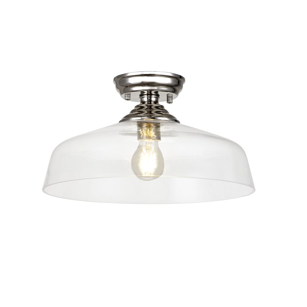 Luxuria Sirius Flush Ceiling Light E27 With Flat Round 38cm Glass Shade Polished Nickel/Clear