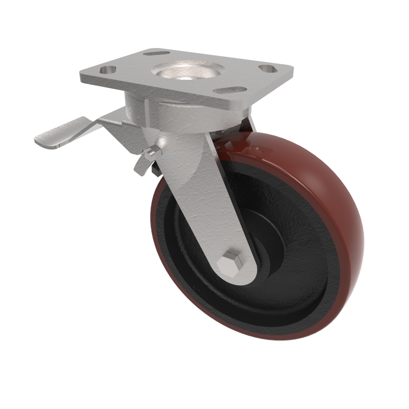 Polyurethane Cast Iron Plate Swivel Castor Brake 250mm 1200kg Load