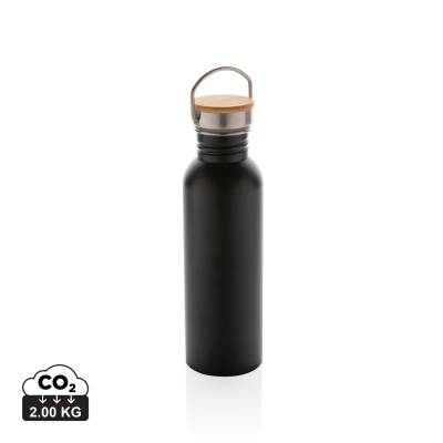 MODERN STAINLESS STEEL METAL BOTTLE with Bamboo Lid in Black.