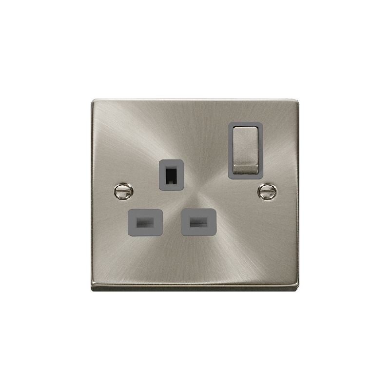 Click Deco 1 Gang 13A DP 'Ingot' Switched Socket Outlet Satin Chrome Insert Grey