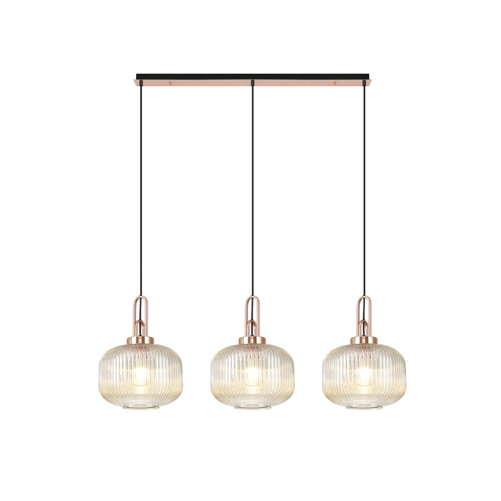 Luxuria Kennith Linear 3 Light Pendant E27 Copper/Matt Black With 30cm Pumpkin Shaped Ribbed Champagne Glass