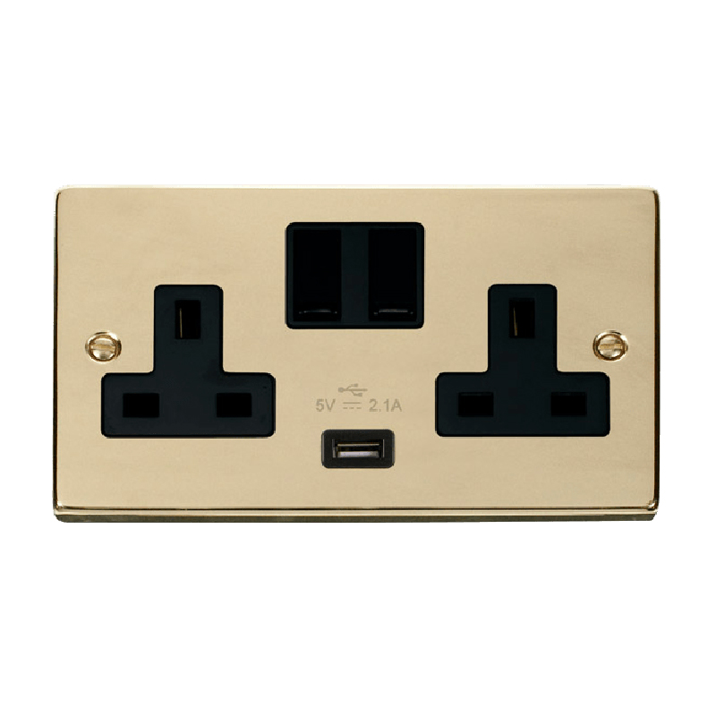 Click Deco 13A 2G Switched Socket With USB Outlet Polished Brass Insert Black