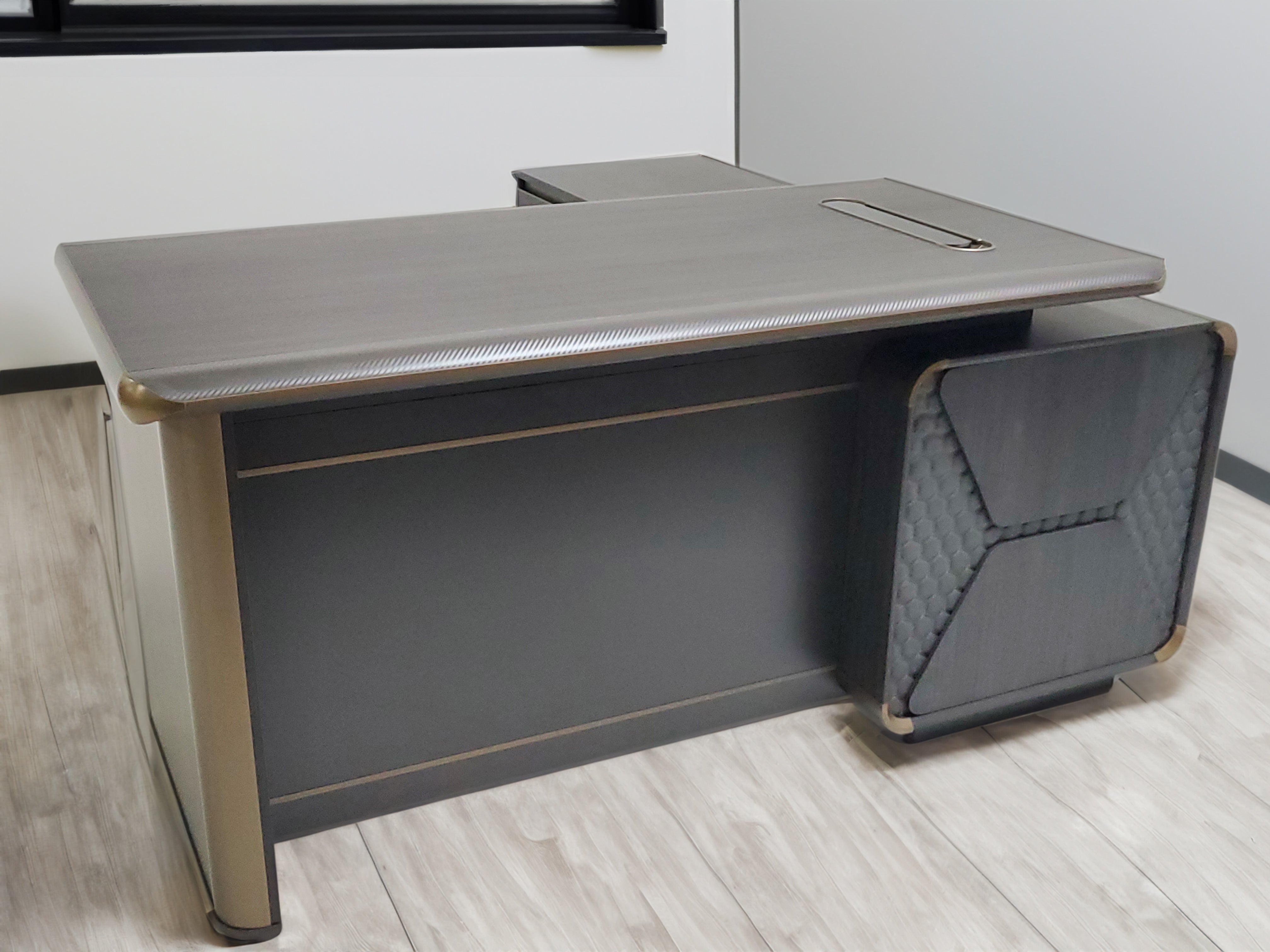 Modern Grey Oak Executive Corner Office Desk with Carbon Fibre and Brass Metal Edging - 1600mm, 1800mm, 2000mm - FP60-D02 Near Me