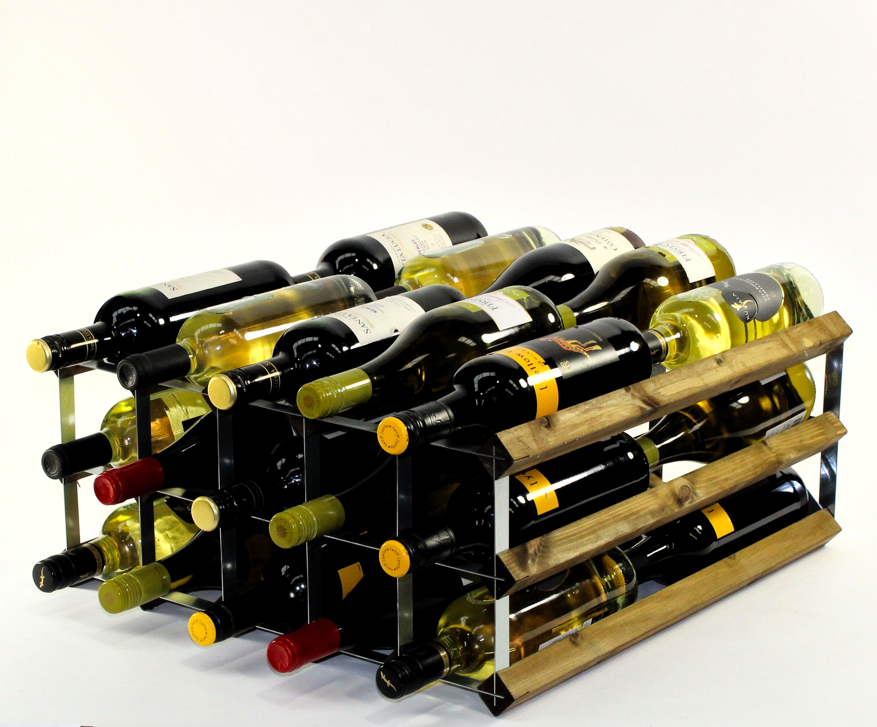 Double depth 30 bottle wine rack - Walnut stain wood - Galvanised metal