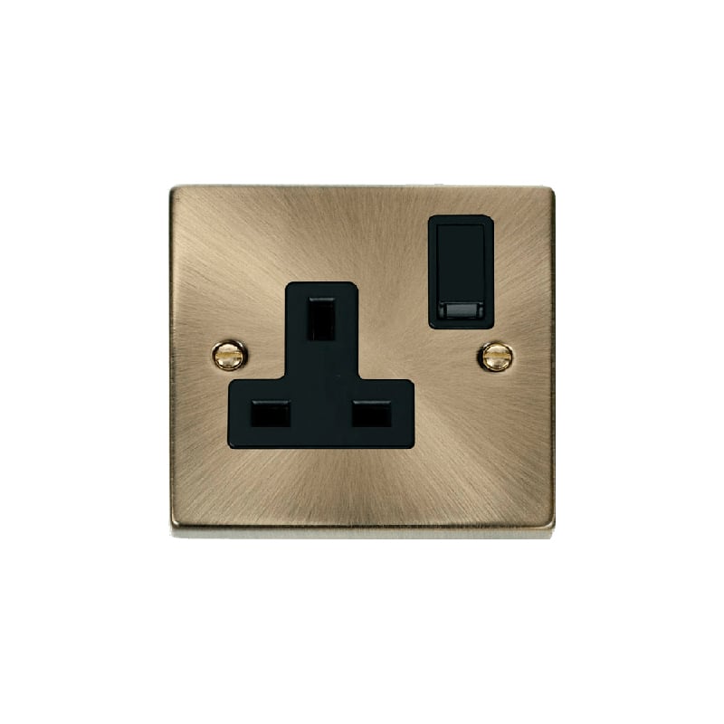 Click Deco 1 Gang 13A DP Switched Socket Outlet Antique Brass Insert Black