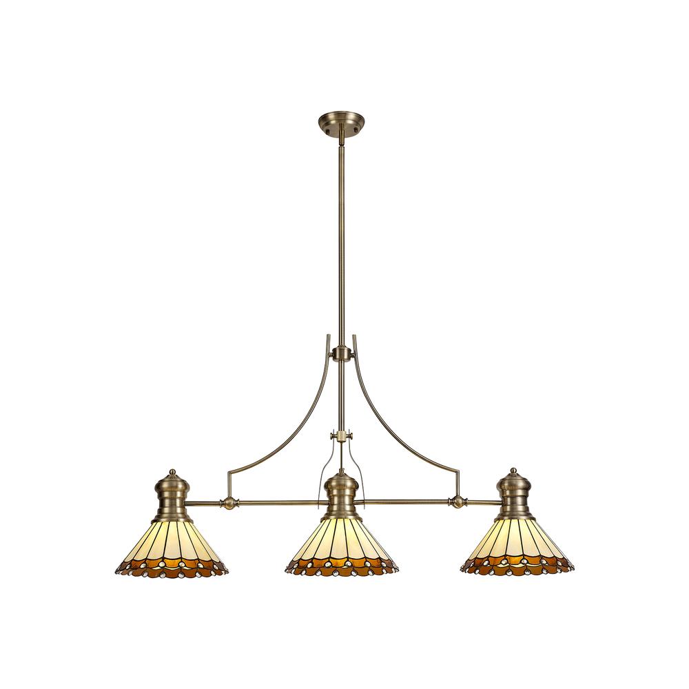 Luxuria Sleek 3 Light Linear Pendant E27 With 30cm Tiffany Shade Antique Brass Amber Cream Crystal