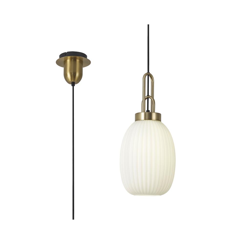 Luxuria Kennith Pendant Light E27 With 20cm Almond Ribbed Glass Opal Brass Gold/Matt Black