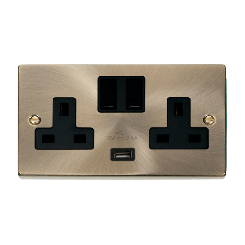 Click Deco 13A 2G Switched Socket With USB Outlet Antique Brass Insert Black