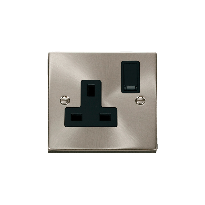 Click Deco 1 Gang 13A DP Switched Socket Outlet Satin Chrome Insert Black