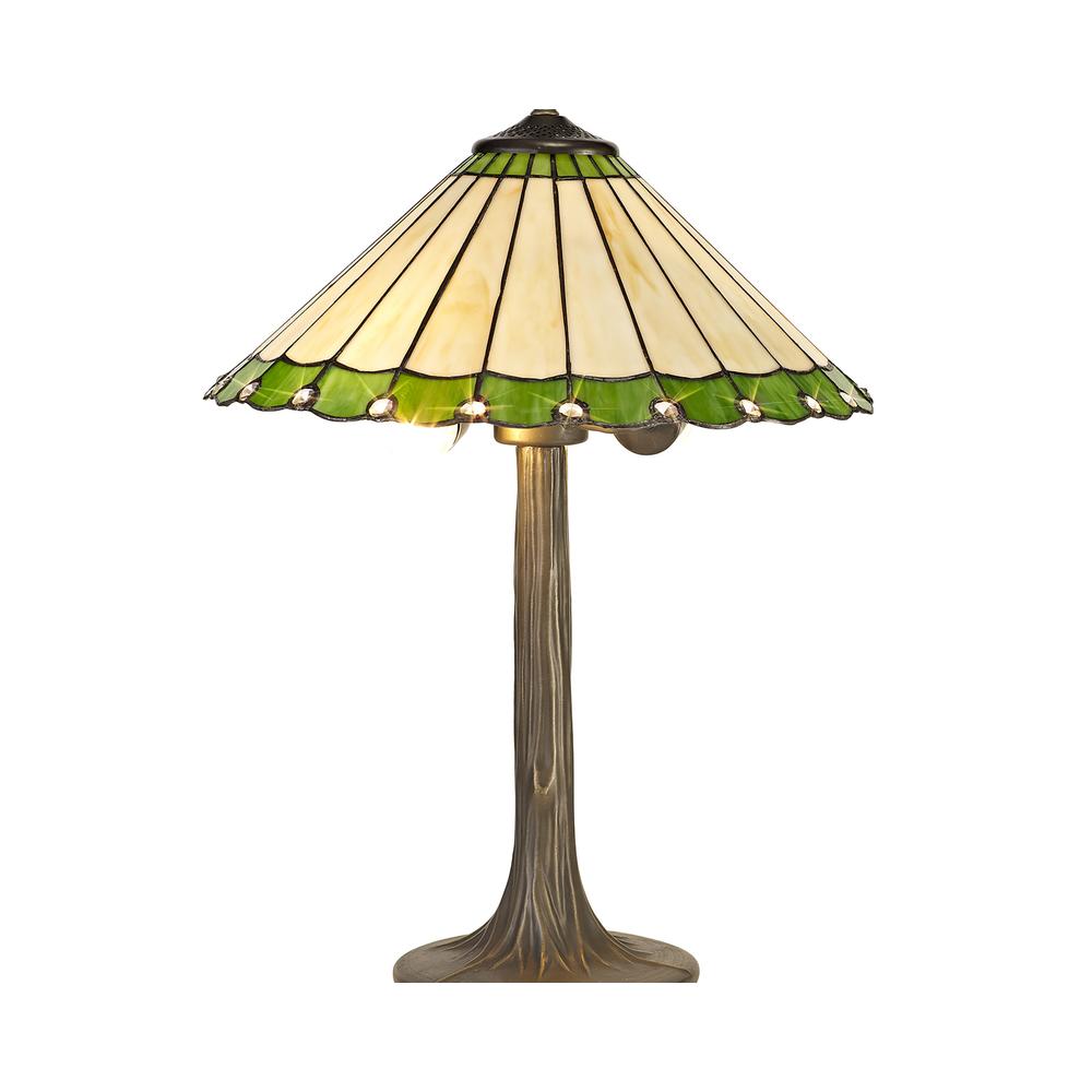 Luxuria Sleek 2 Light Tree Like Table Lamp E27 With 40cm Tiffany Shade Green/Cream/Crystal/Aged Antique Brass