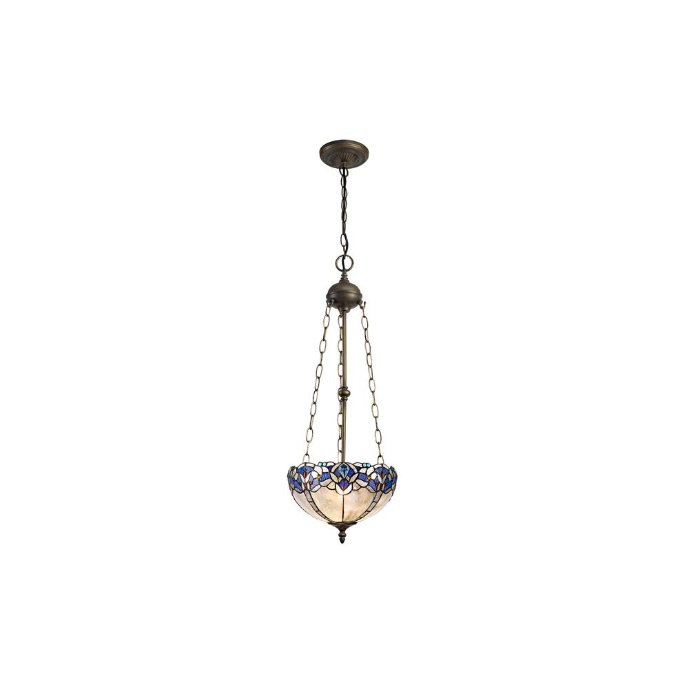 Luxuria Axis 3 Light Uplighter Pendant E27 With 30cm Tiffany Shade Blue/Clear Crystal/Aged Antique Brass