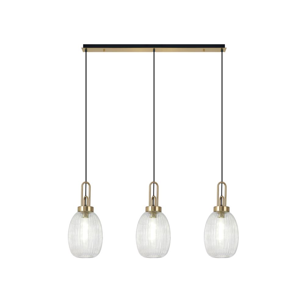 Luxuria Kennith Linear 3 Light Pendant E27 With 20cm Almond Ribbed Glass Clear Brass Gold/Matt Black