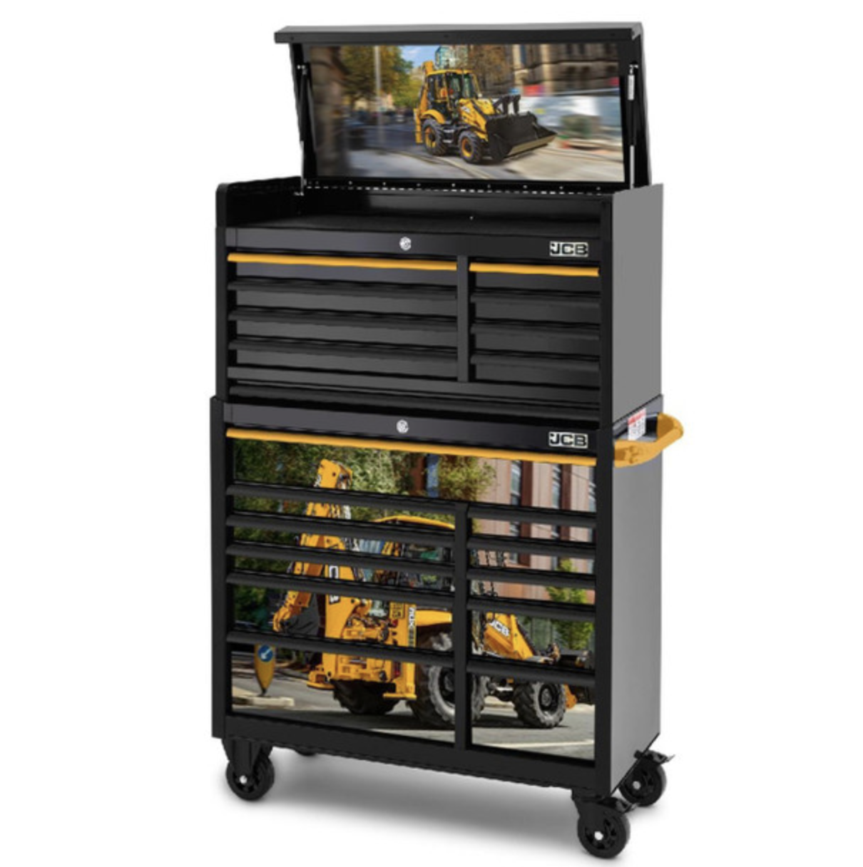 JCB 42’’ Roller Cabinet And Top Tool Chest Stack With Backhoe Loader Wrap 