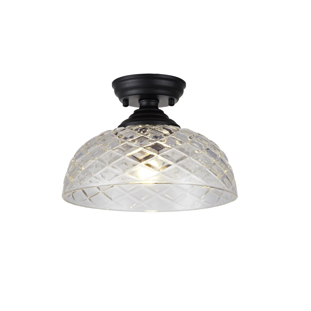 Luxuria Sirius Flush Ceiling Light E27 With Flat Round 30cm Patterned Glass Shade Matt Black/Clear