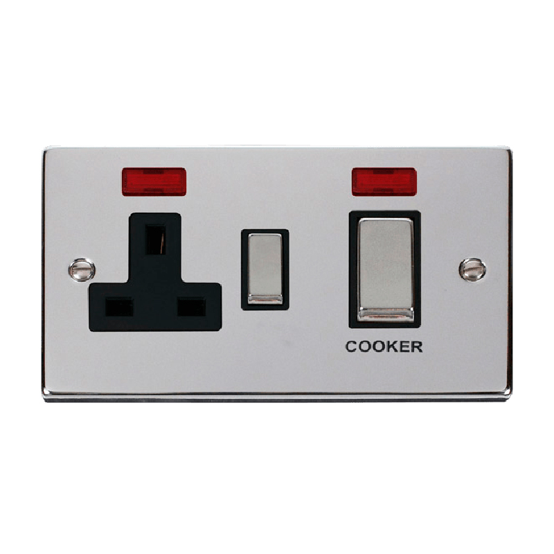 Click Deco 45A Ingot DP Switch with 13A Switched Socket and Neons Polished Chrome Insert Black