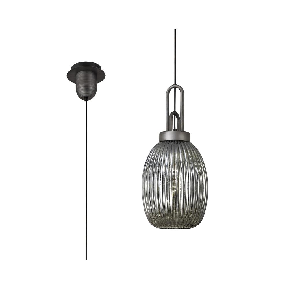 Luxuria Kennith Pendant Light E27 20cm Almond Ribbed Glass Smoked Black/Aged Pewter