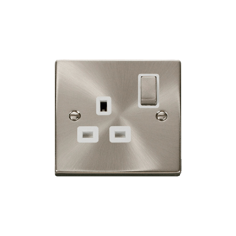 Click Deco 1 Gang 13A DP 'Ingot' Switched Socket Outlet Satin Chrome Insert White