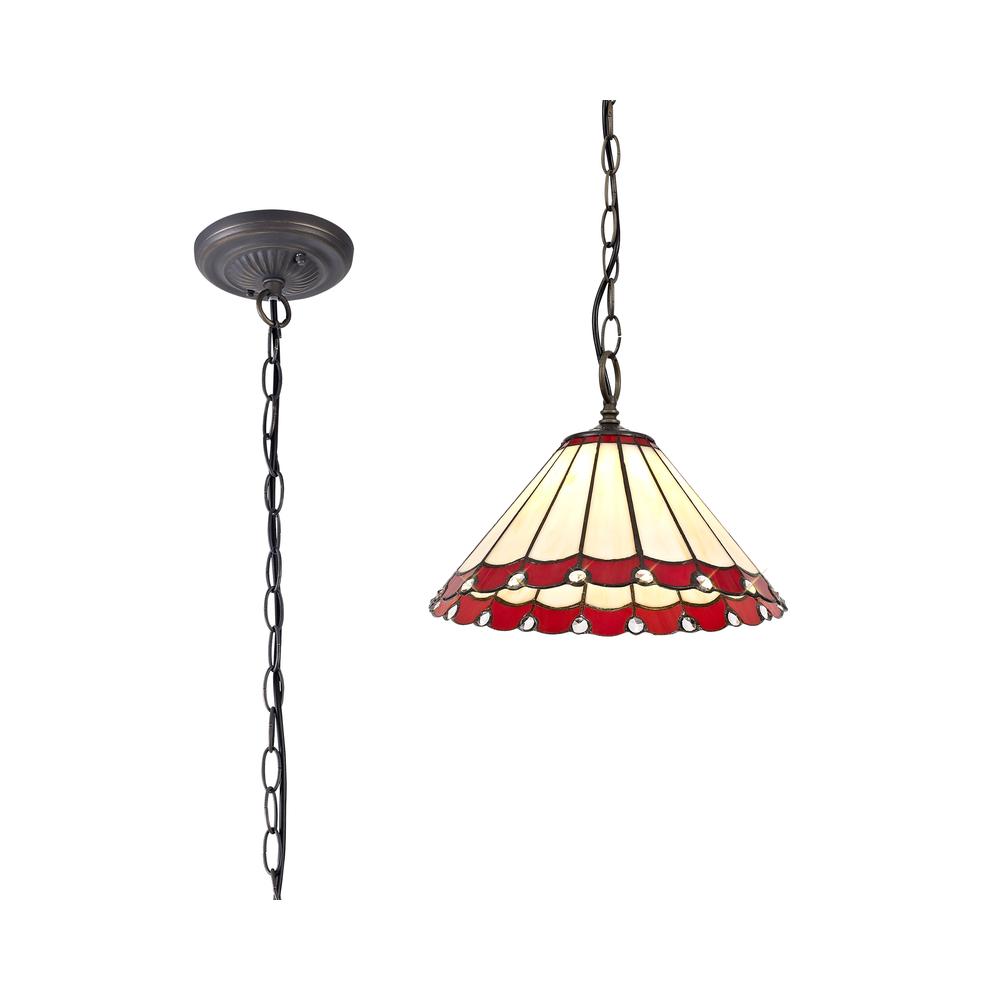 Luxuria Sleek 1 Light Downlighter Pendant E27 With 30cm Tiffany Shade Red/Cream/Crystal/Aged Antique Brass