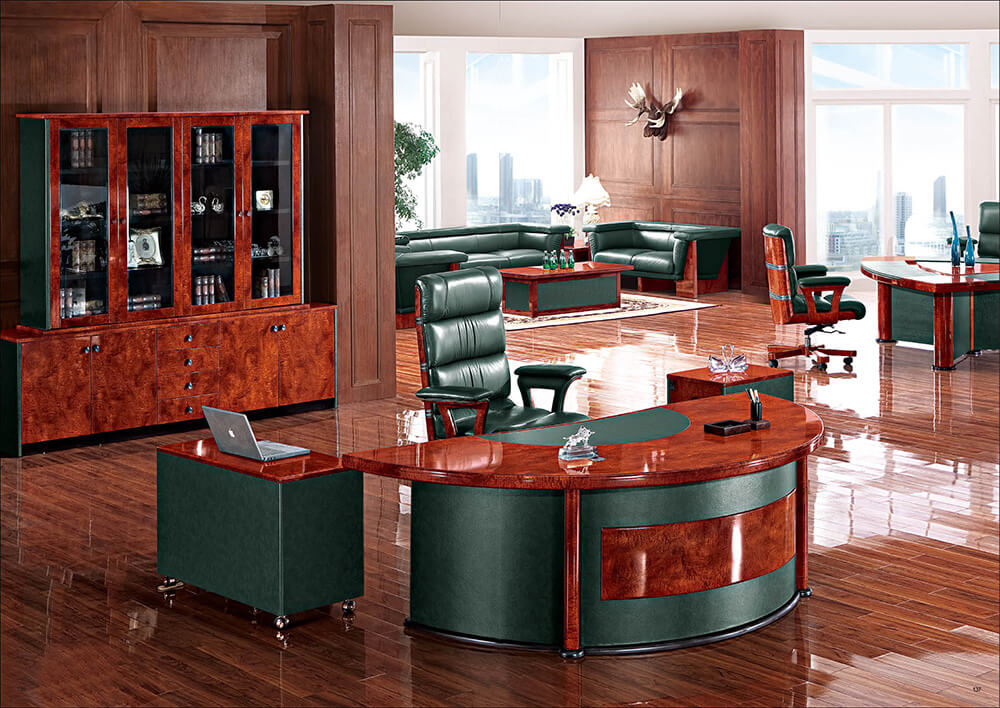 Suppliers Of Gloss Walnut and Green Leather Curved Executive Office Desk - With Pedestal and Return - 2400mm - 6833 UK