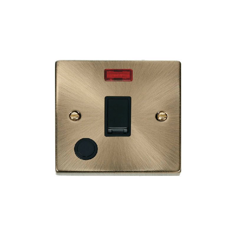 Click Deco 20A 1 Gang DP Switch with Flex Outlet and Neon Antique Brass Insert Black