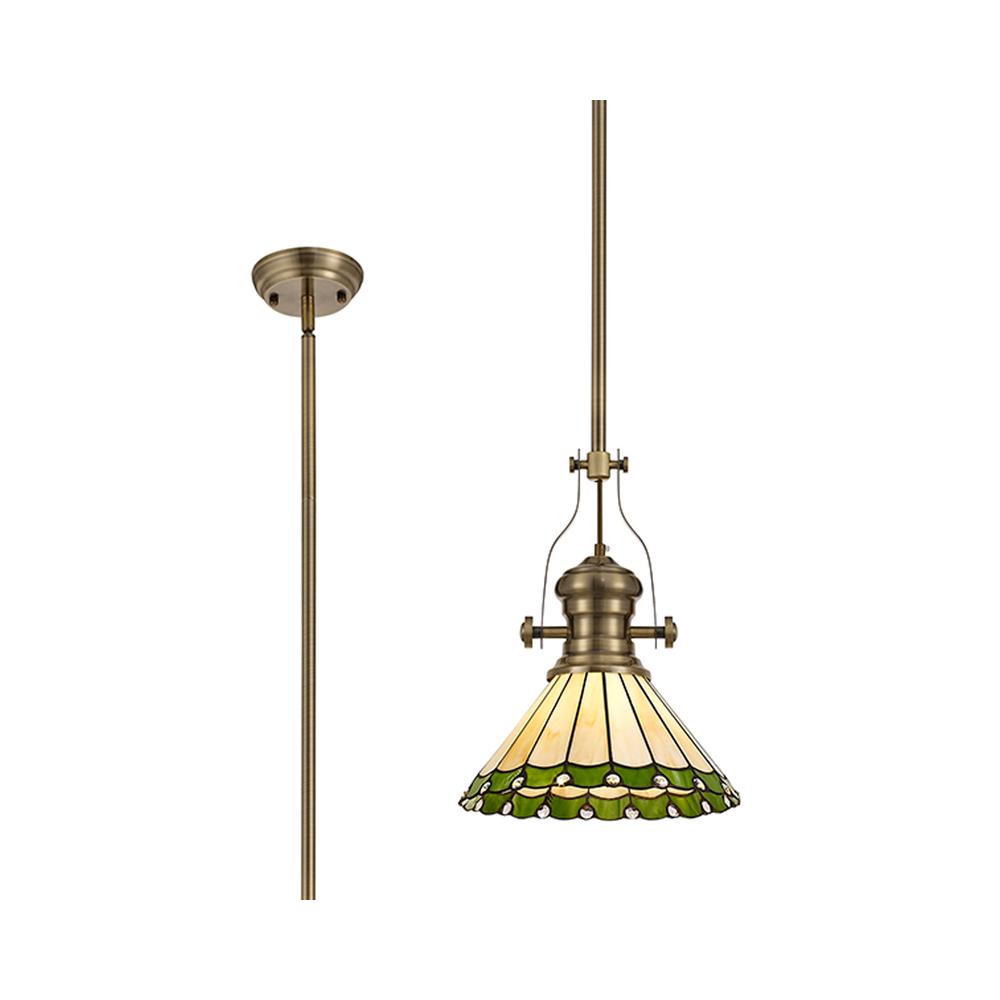 Luxuria Sleek Pendant Light E27 With 30cm Tiffany Shade Antique Brass/Green/Cream/Crystal