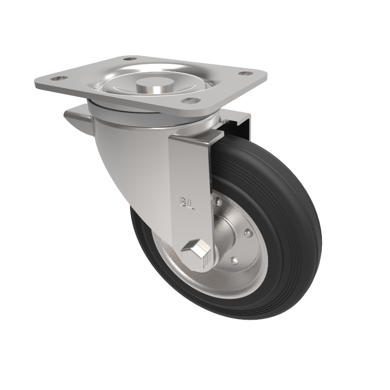 Black Rubber Pressed Steel Plate Swivel Castor 160mm 160kg Load