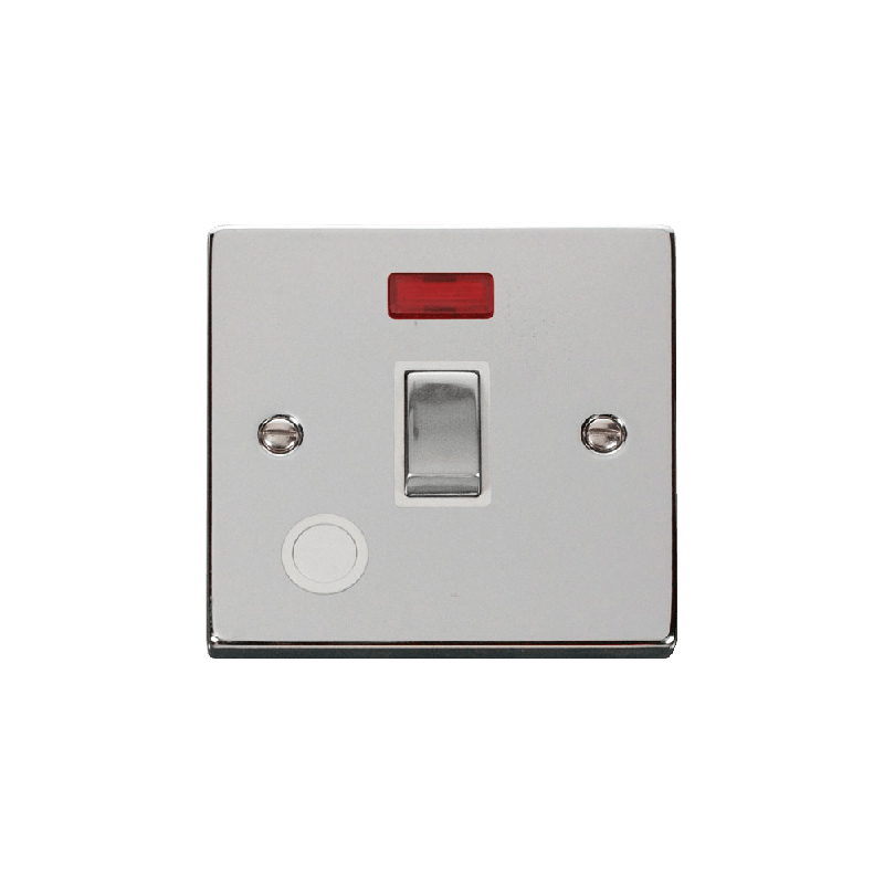 Click Deco 20A 1 Gang DP 'Ingot' Switch With Flex Outlet and Neon Polished Chrome Insert White