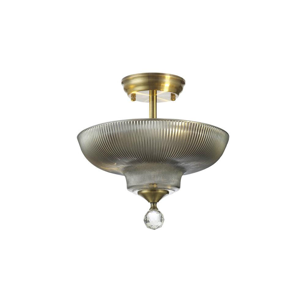 Luxuria Sirius Flush Ceiling Light 2xE27 With Round 30cm Glass Shade Antique Brass/Smoked