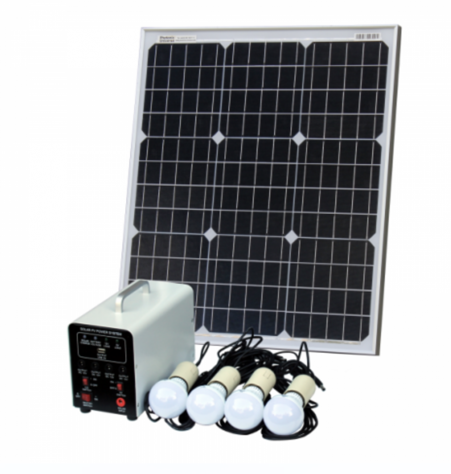 off-grid solar lighting system with 50w solar panel, 4 led lights, solar charge controller and lithium battery