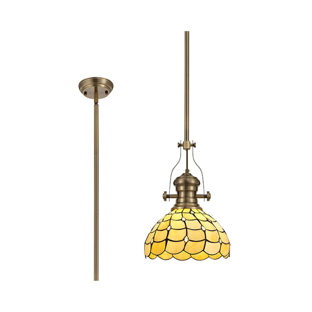 Luxuria Luna Pendant Light E27 With 30cm Tiffany Shade Antique Brass/Beige/Clear Crystal