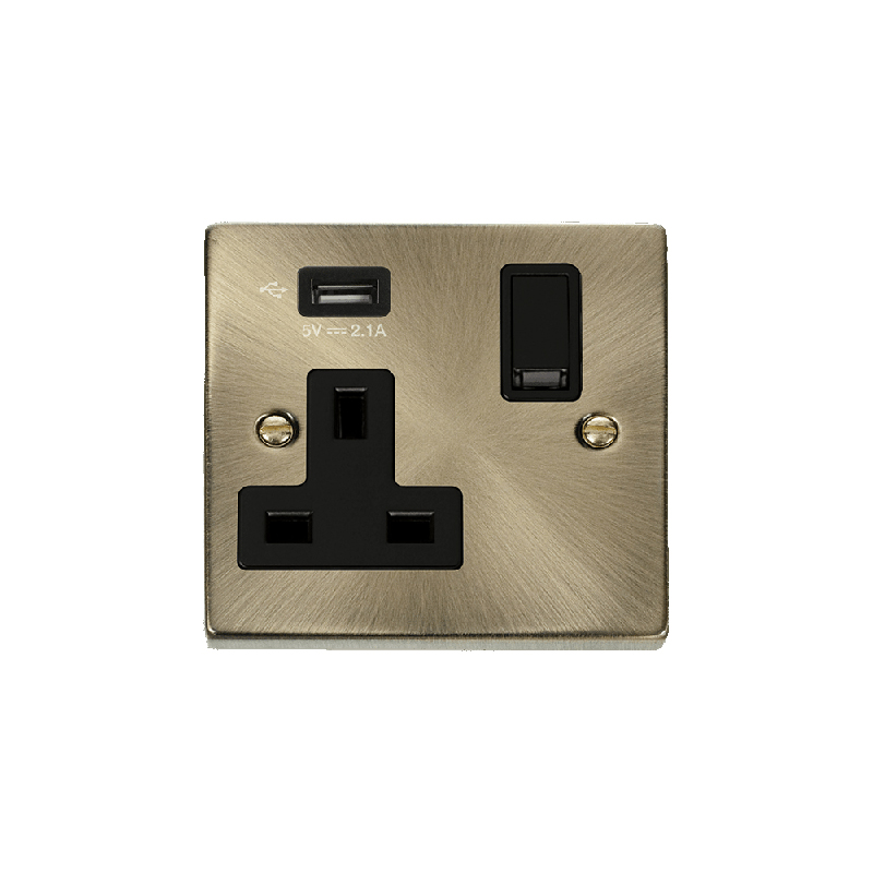 Click Deco 13A 1G Switched Socket with Single 2.1A USB Antique Brass Insert Black