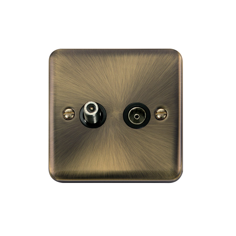 Click Deco Plus Twin Non-Isolated Satellite & Non-Isolated Coaxial Outlet Antique Brass Black Inserts