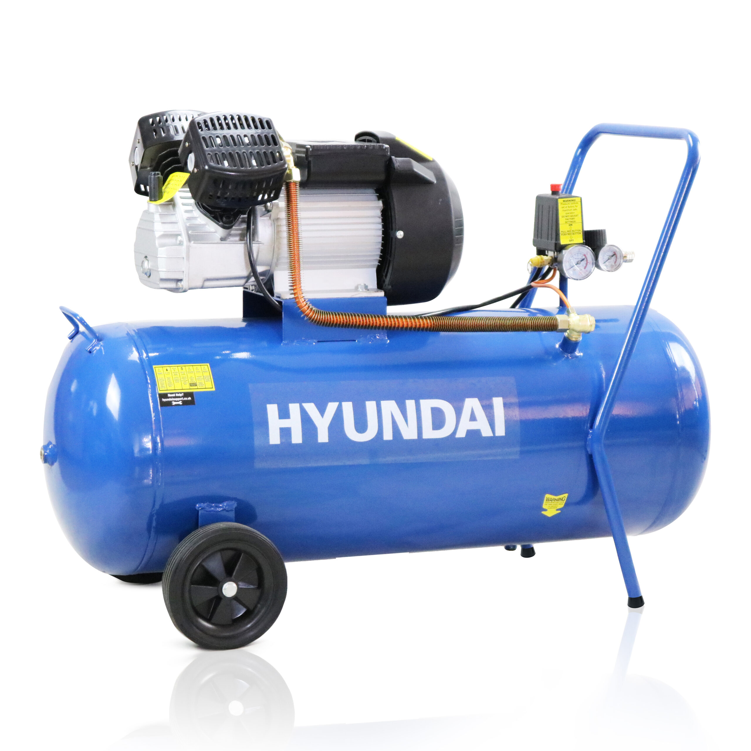 UK Suppliers Hyundai 100 Litre Air Compressor, Silenced, V Twin, Direct Drive - 14CFM, 3HP - HY30100V