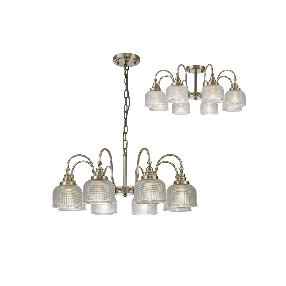 Luxuria Toussenel 73cm Semi Flush/Pendant 8 Light E27 Antique Brass/Prismatic Glass