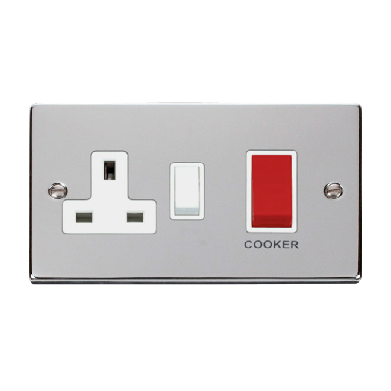 Click Deco 45A DP Switch 13A Switched Socket Polished Chrome Insert White